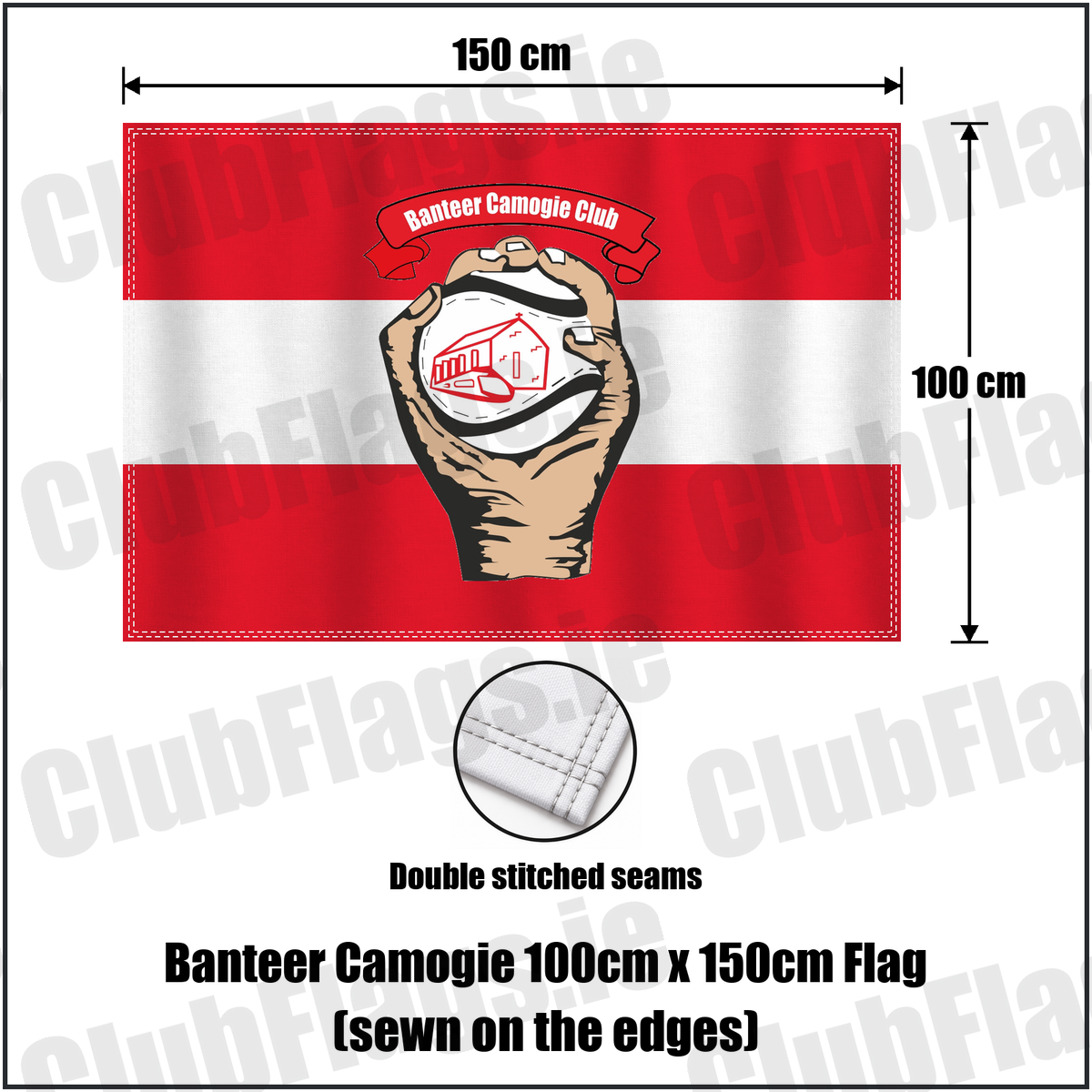Banteer Camogie 100cm x 150cm Flag (sewn on the edges), featuring the club crest and red and white colours; County Cork camogie. ClubFlags.ie.