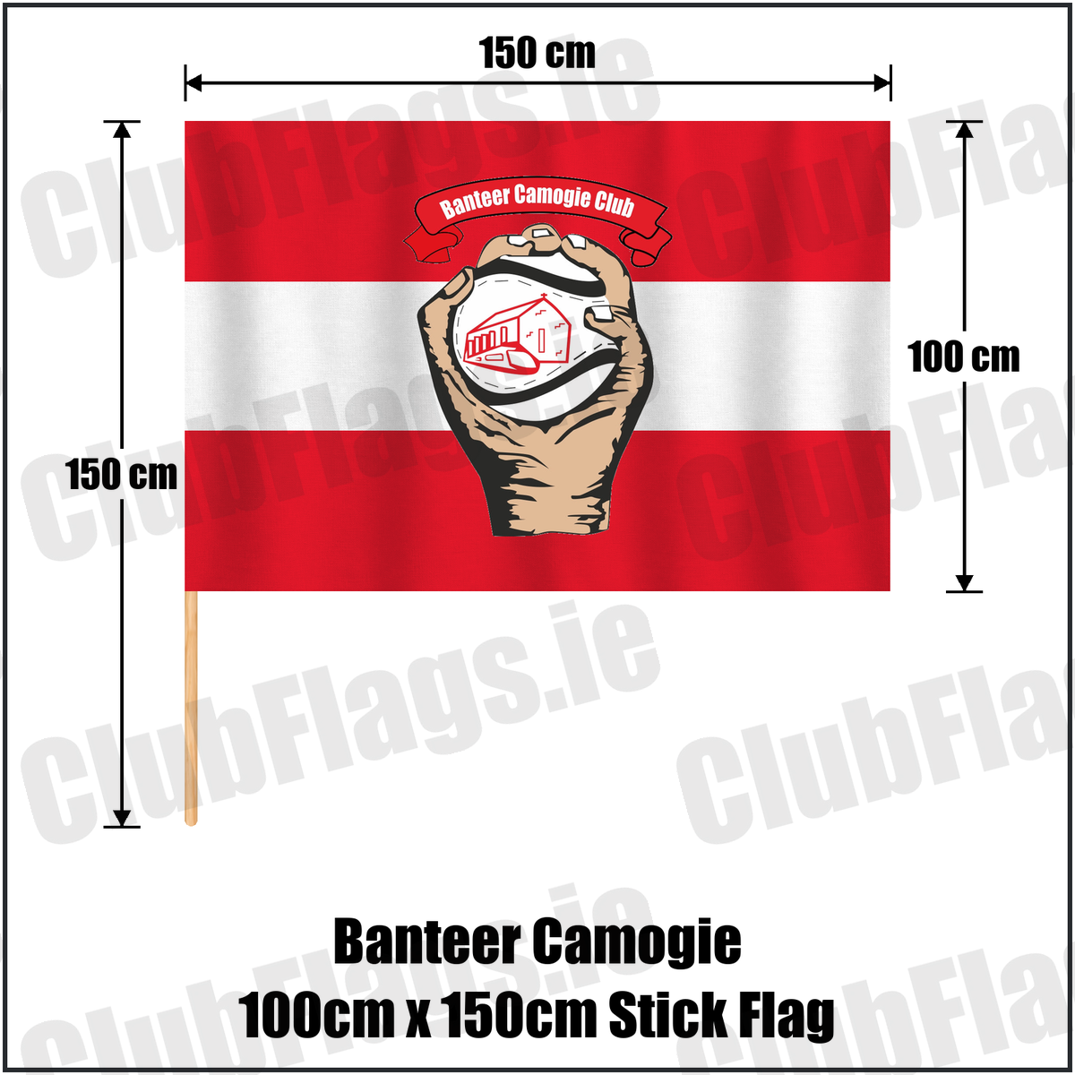 Banteer Camogie 100cm x 150cm Stick Flag, featuring the club crest and red and white colours; County Cork camogie. ClubFlags.ie.