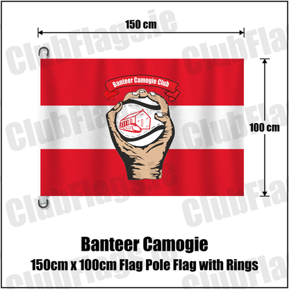 Banteer Camogie 150cm x 100cm Flag Pole Flag with Rings, featuring the club crest and red and white colours; County Cork camogie. ClubFlags.ie.
