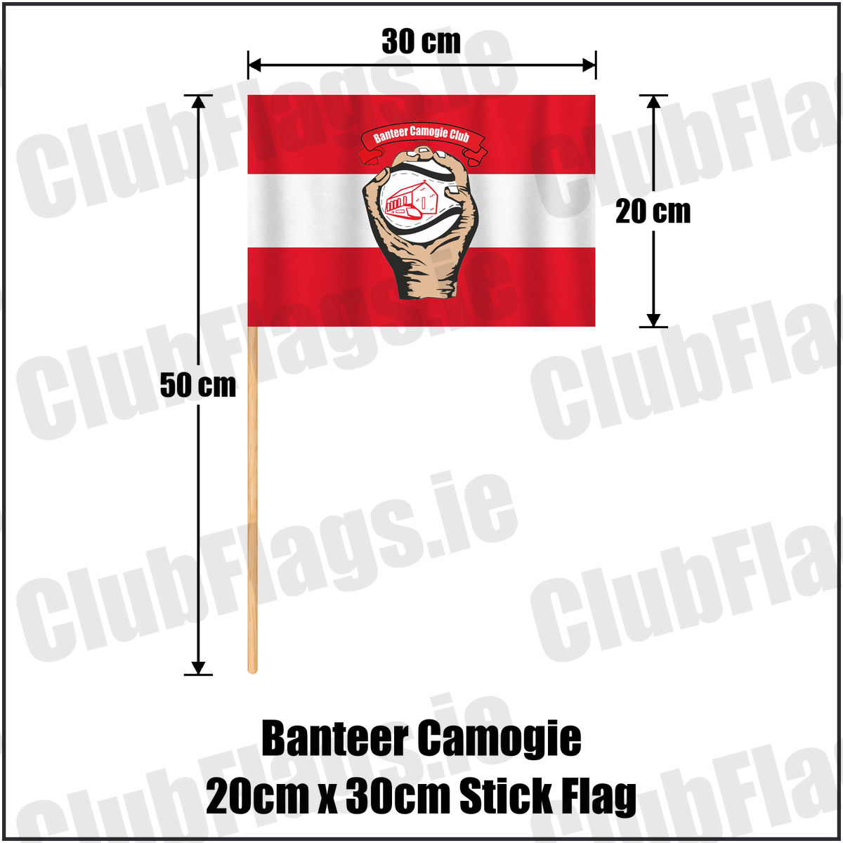 Banteer Camogie 20cm x 30cm Stick Flag, featuring the club crest and red and white colours; County Cork camogie. ClubFlags.ie.