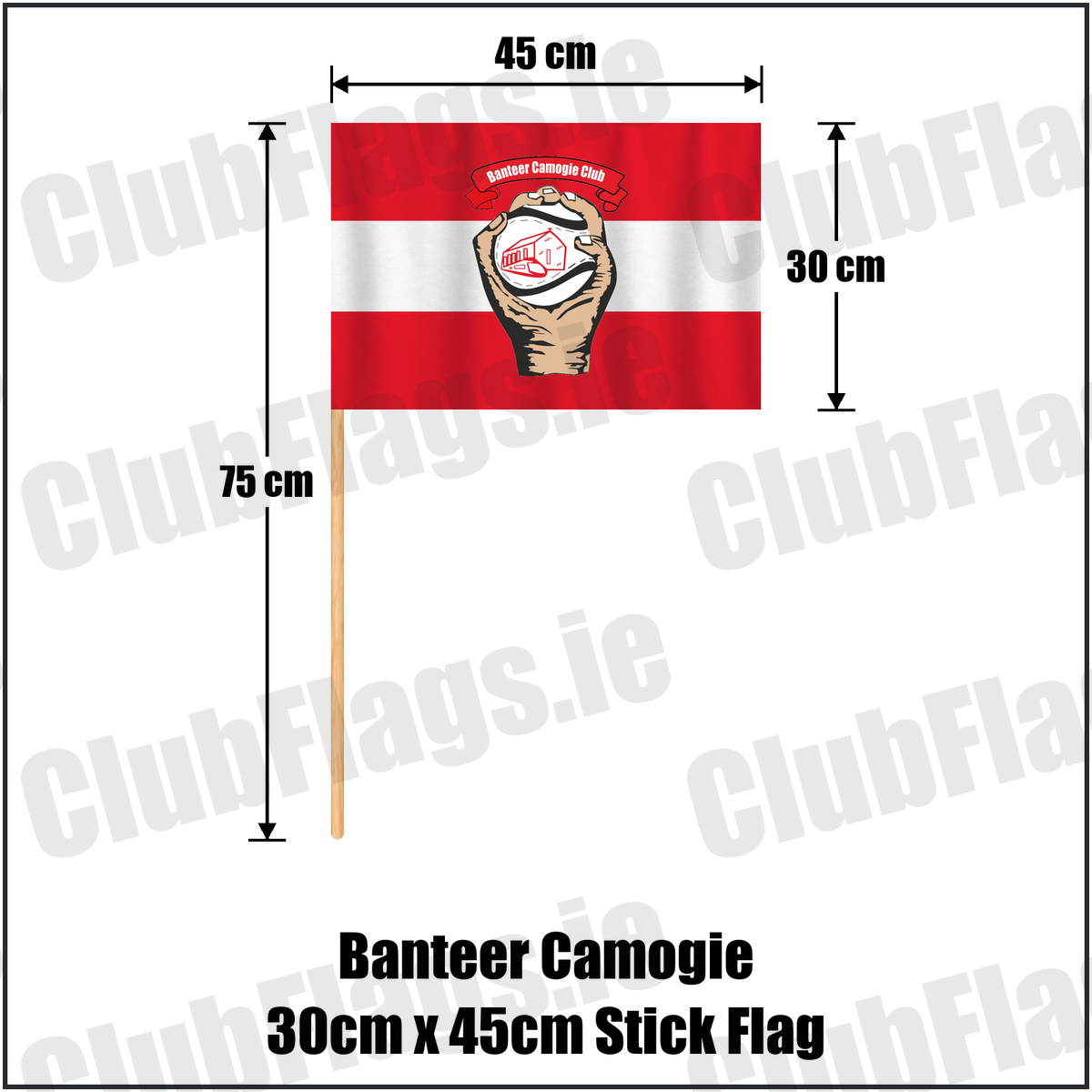 Banteer Camogie 30cm x 45cm Stick Flag, featuring the club crest and red and white colours; County Cork camogie. ClubFlags.ie.