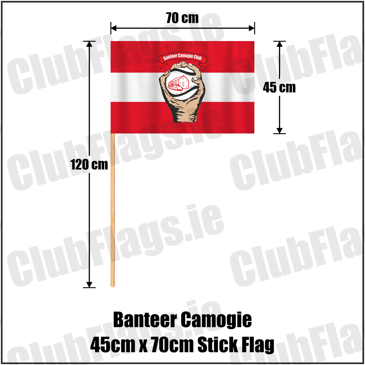 Banteer Camogie 45cm x 70cm Stick Flag, featuring the club crest and red and white colours; County Cork camogie. ClubFlags.ie.