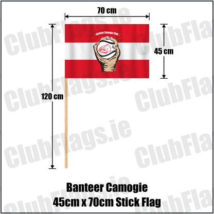 Banteer Camogie 45cm x 70cm Stick Flag, featuring the club crest and red and white colours; County Cork camogie. ClubFlags.ie.
