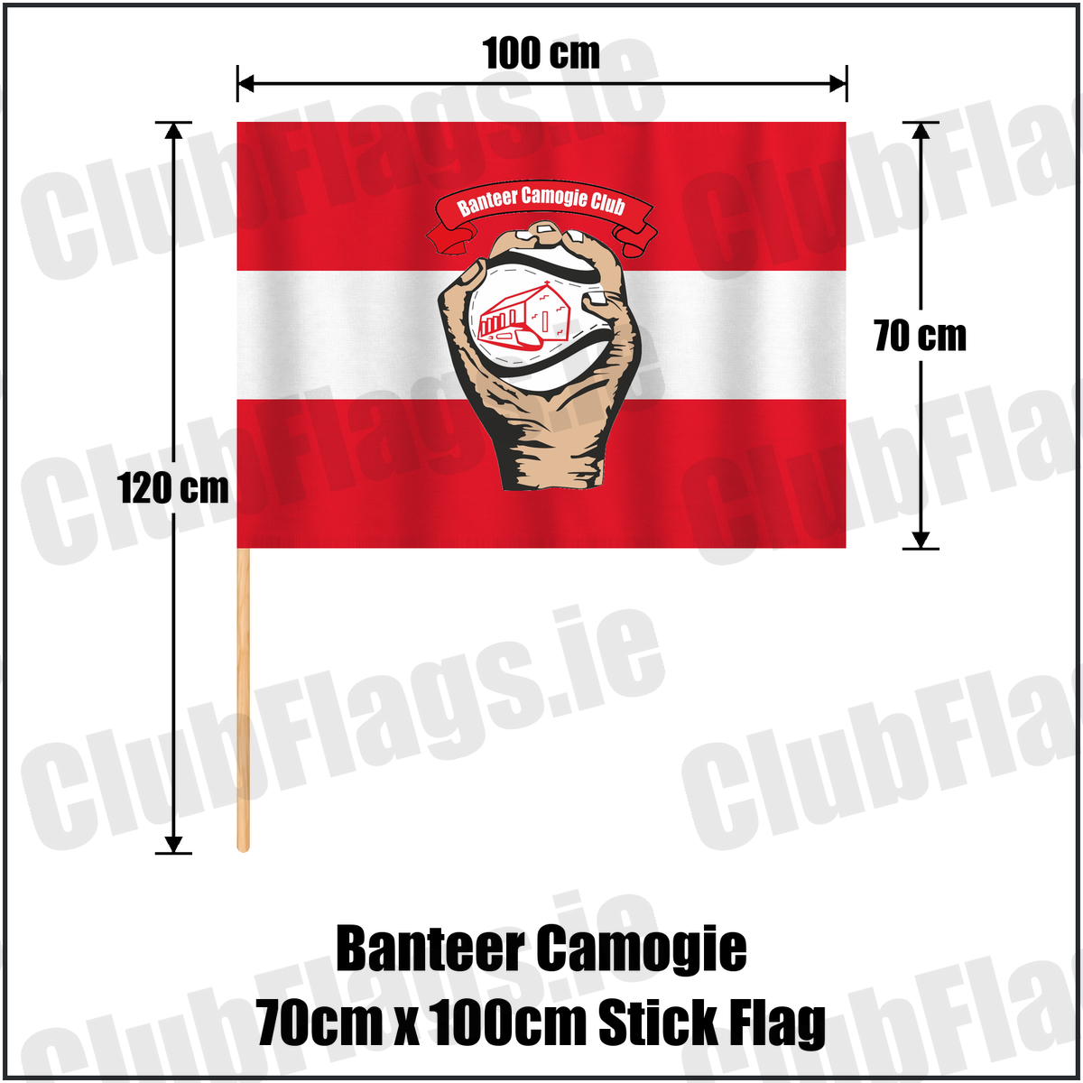 Banteer Camogie 70cm x 100cm Stick Flag, featuring the club crest and red and white colours; County Cork camogie. ClubFlags.ie.