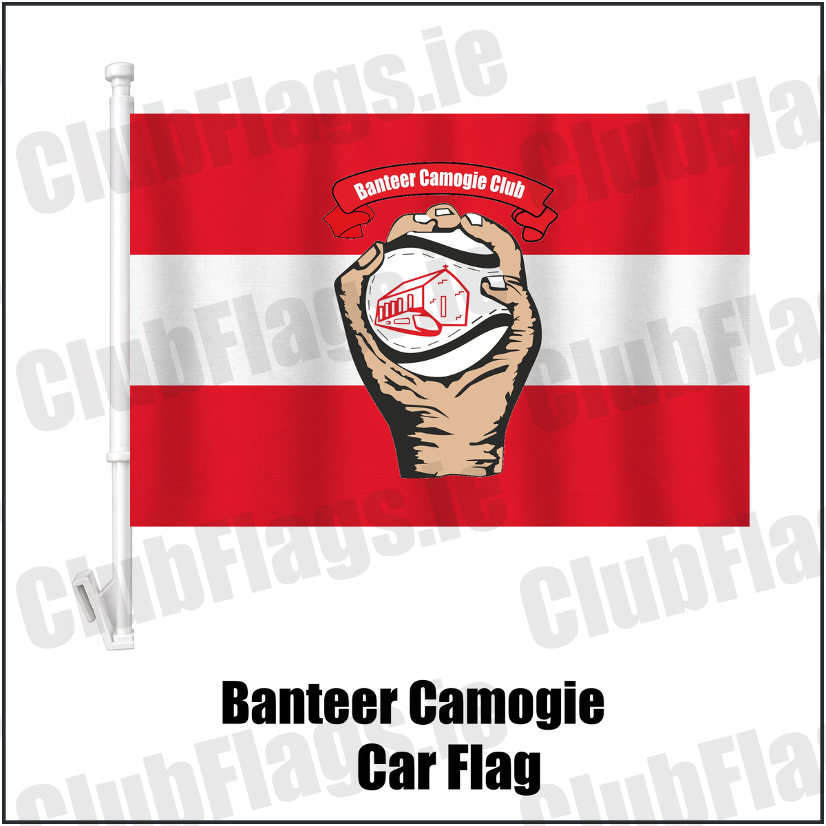 Banteer Camogie Car Flag, featuring the club crest and red and white colours; County Cork camogie. ClubFlags.ie.