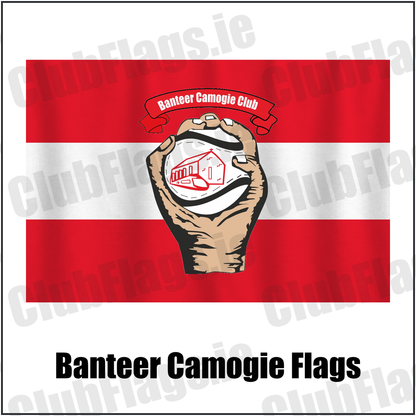 Banteer Camogie Flags, featuring the club crest and red and white colours; County Cork camogie. ClubFlags.ie.