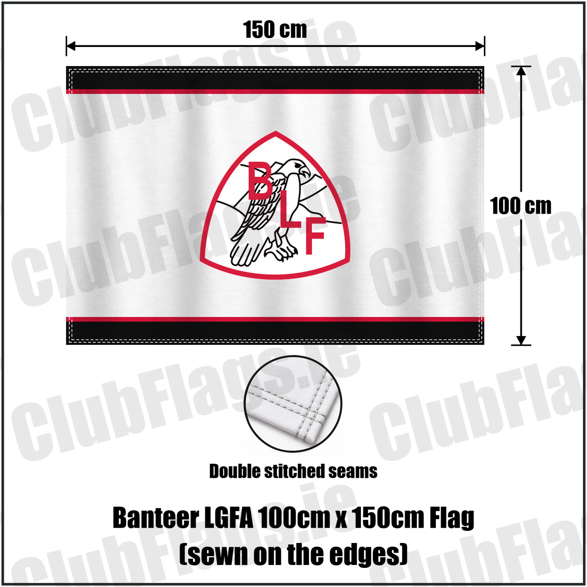 Banteer LGFA 100cm x 150cm Flag (sewn on the edges), featuring the club crest and black and red and white colours; County Cork ladies Gaelic football. ClubFlags.ie.