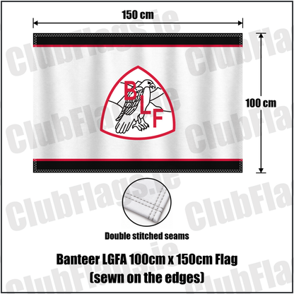 Banteer LGFA 100cm x 150cm Flag (sewn on the edges), featuring the club crest and black and red and white colours; County Cork ladies Gaelic football. ClubFlags.ie.