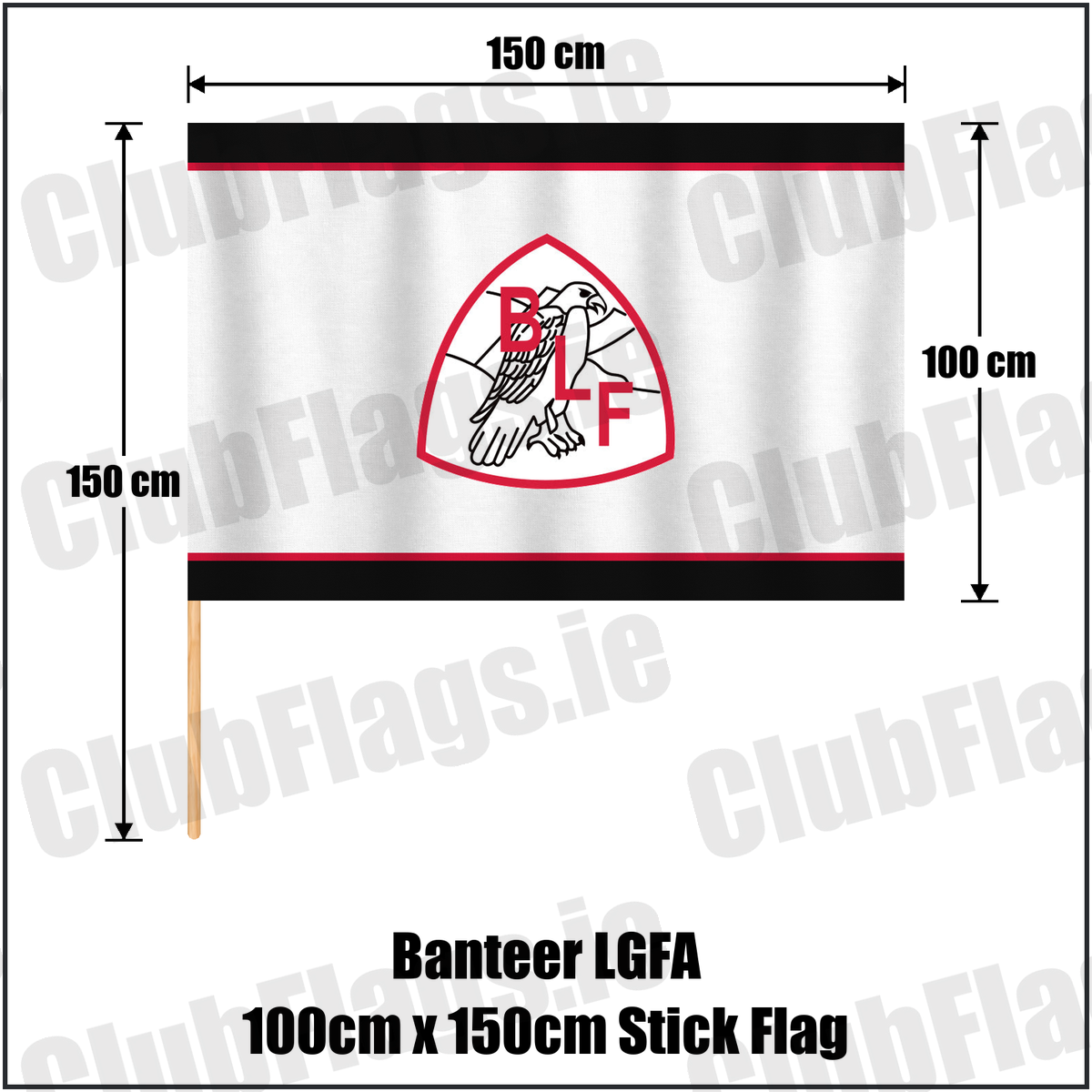 Banteer LGFA 100cm x 150cm Stick Flag, featuring the club crest and black and red and white colours; County Cork ladies Gaelic football. ClubFlags.ie.