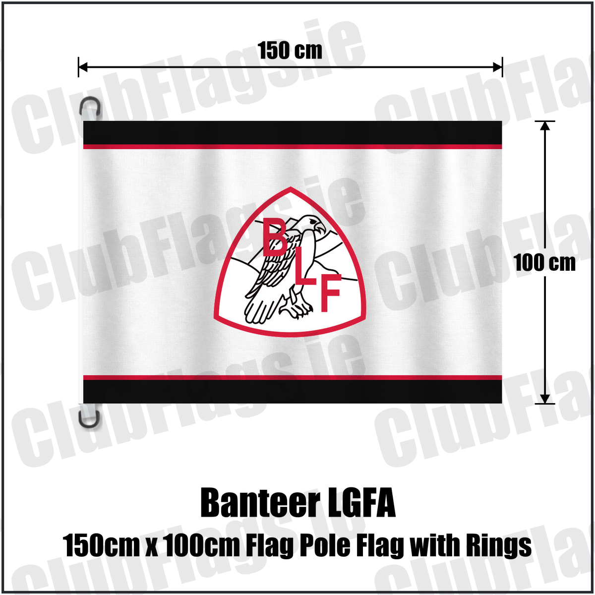 Banteer LGFA 150cm x 100cm Flag Pole Flag with Rings, featuring the club crest and black and red and white colours; County Cork ladies Gaelic football. ClubFlags.ie.