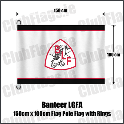 Banteer LGFA 150cm x 100cm Flag Pole Flag with Rings, featuring the club crest and black and red and white colours; County Cork ladies Gaelic football. ClubFlags.ie.