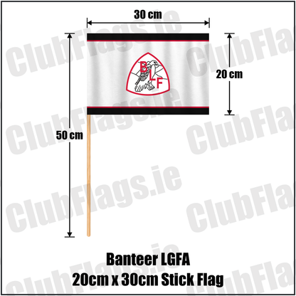 Banteer LGFA 20cm x 30cm Stick Flag, featuring the club crest and black and red and white colours; County Cork ladies Gaelic football. ClubFlags.ie.