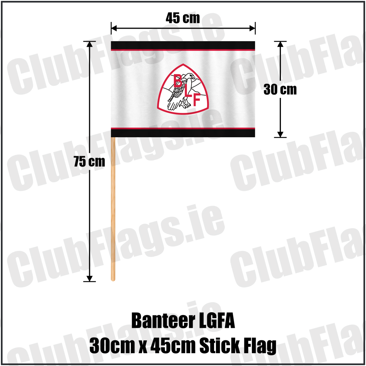 Banteer LGFA 30cm x 45cm Stick Flag, featuring the club crest and black and red and white colours; County Cork ladies Gaelic football. ClubFlags.ie.