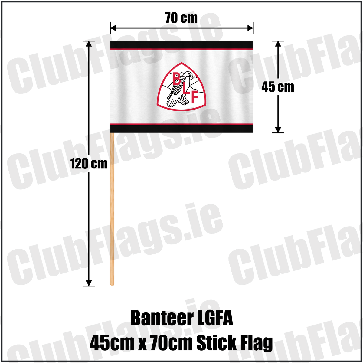 Banteer LGFA 45cm x 70cm Stick Flag, featuring the club crest and black and red and white colours; County Cork ladies Gaelic football. ClubFlags.ie.
