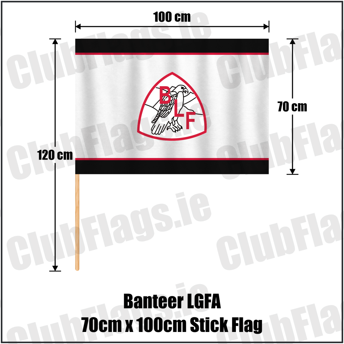 Banteer LGFA 70cm x 100cm Stick Flag, featuring the club crest and black and red and white colours; County Cork ladies Gaelic football. ClubFlags.ie.