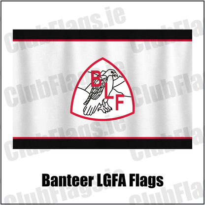 Banteer LGFA Flags, featuring the club crest and black and red and white colours; County Cork ladies Gaelic football. ClubFlags.ie.