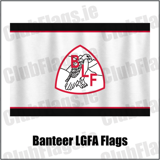 Banteer LGFA Flags, featuring the club crest and black and red and white colours; County Cork ladies Gaelic football. ClubFlags.ie.