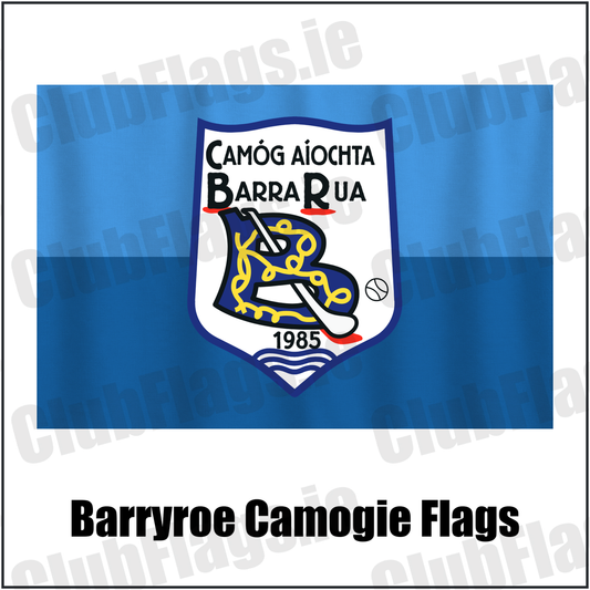 Barryroe Camogie Flags, featuring the club crest and sky blue and blue colours; County Cork camogie. ClubFlags.ie.