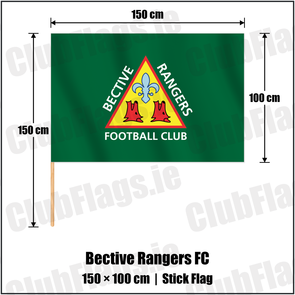 Bective Rangers FC 100cm x 150cm Stick Flag with the club crest and colours, Dublin Rugby - ClubFlags.ie