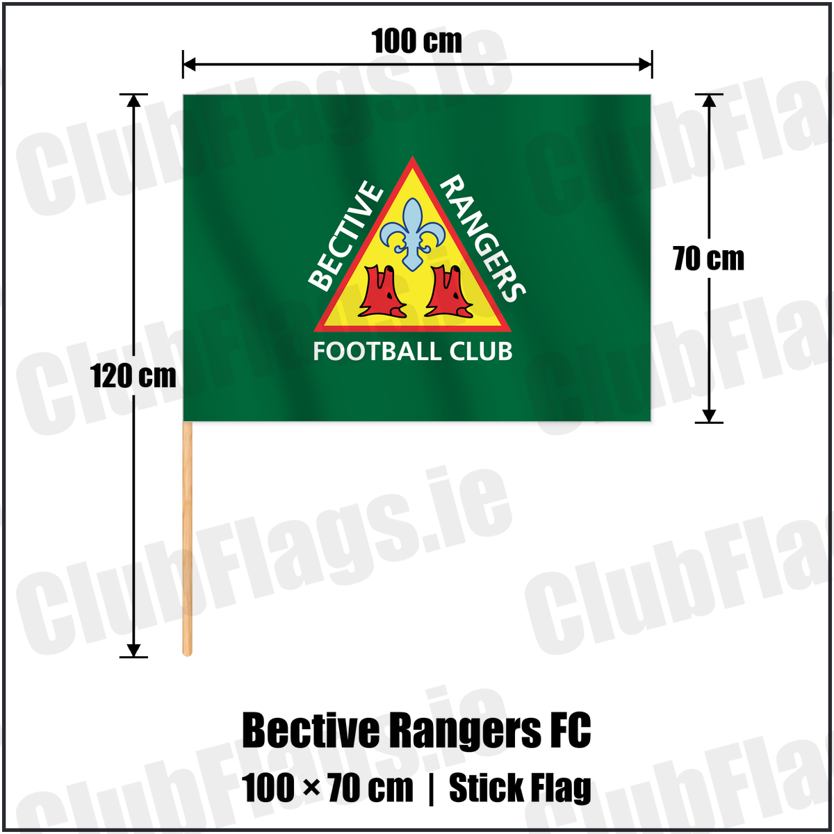 Bective Rangers FC 70cm x 100cm Stick Flag with the club crest and colours, Dublin Rugby - ClubFlags.ie