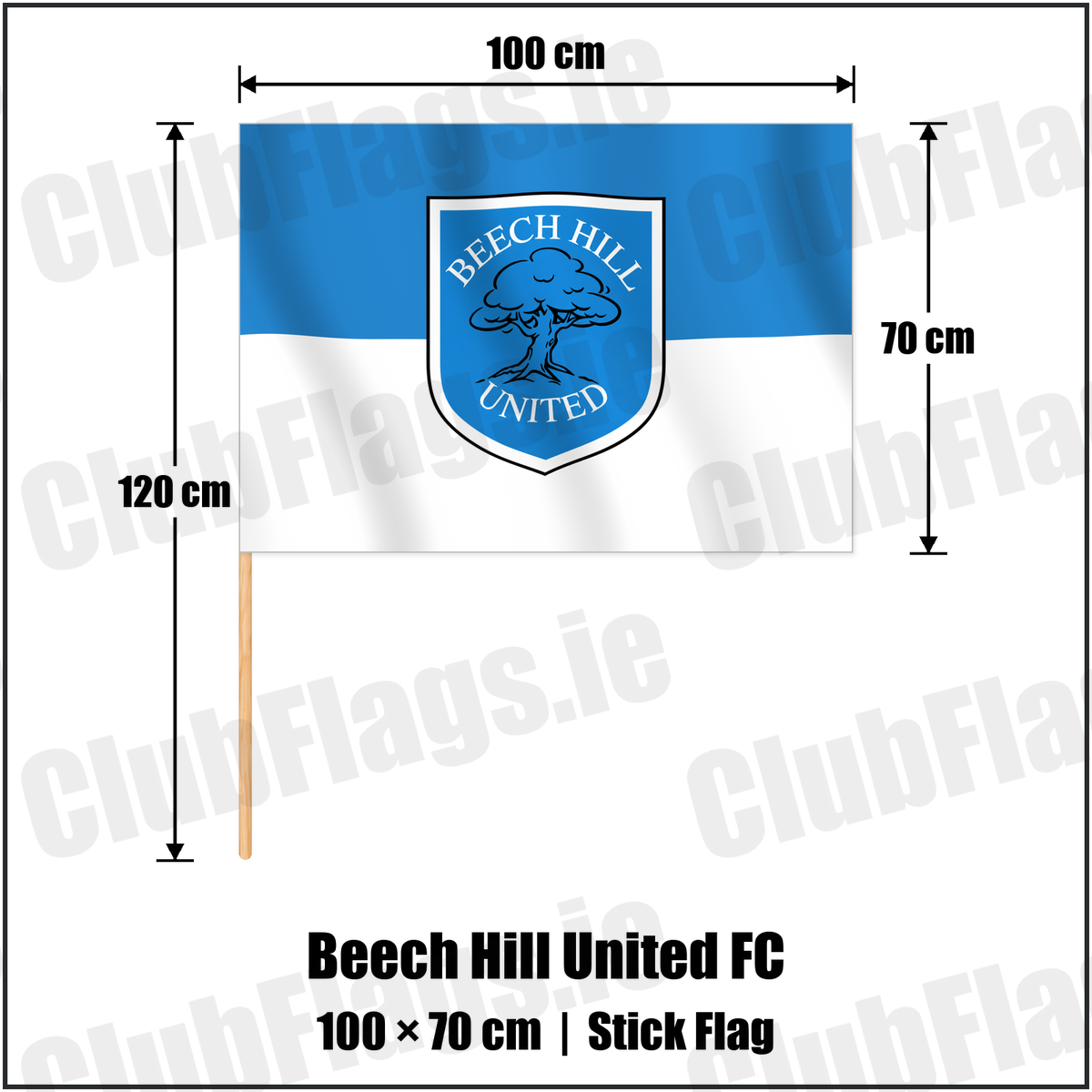 Beech Hill United FC 70cm x 100cm Stick Flag with the verified club crest and colours, Dublin Football - ClubFlags.ie