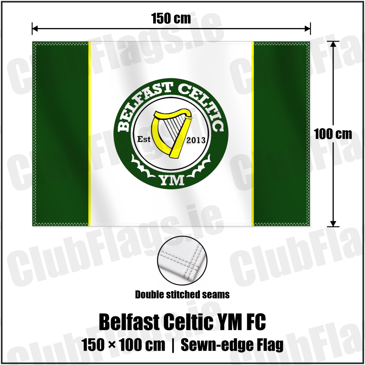 Belfast Celtic YM FC 100cm x 150cm Flag (sewn on the edges) with the club crest and colours, Antrim Football - ClubFlags.ie