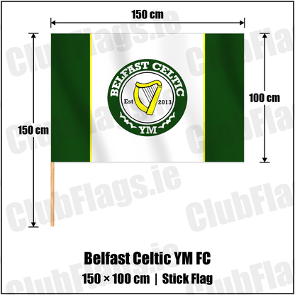 Belfast Celtic YM FC 100cm x 150cm Stick Flag with the club crest and colours, Antrim Football - ClubFlags.ie
