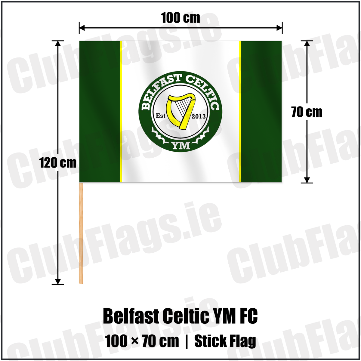 Belfast Celtic YM FC 70cm x 100cm Stick Flag with the club crest and colours, Antrim Football - ClubFlags.ie