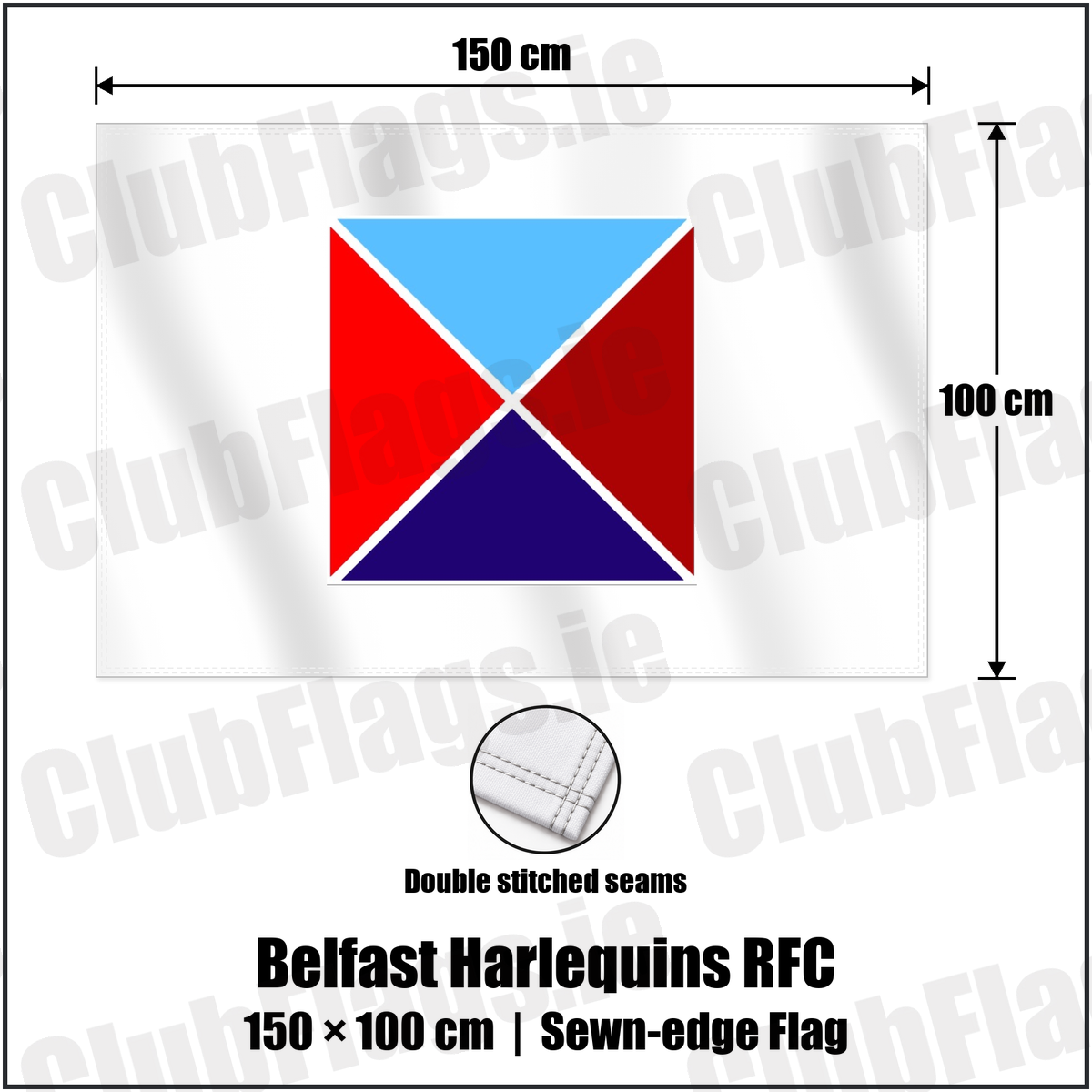 Belfast Harlequins RFC 100cm x 150cm Flag (sewn on the edges) with the club crest and colours, Antrim Rugby - ClubFlags.ie