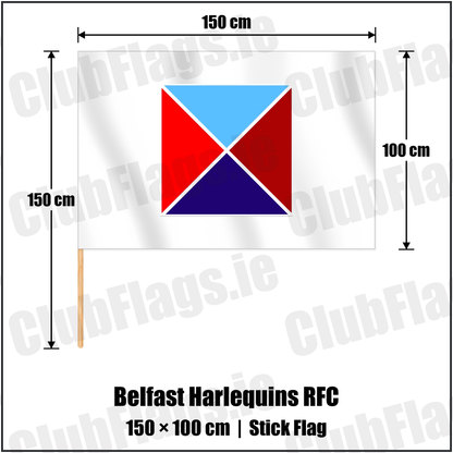 Belfast Harlequins RFC 100cm x 150cm Stick Flag with the club crest and colours, Antrim Rugby - ClubFlags.ie
