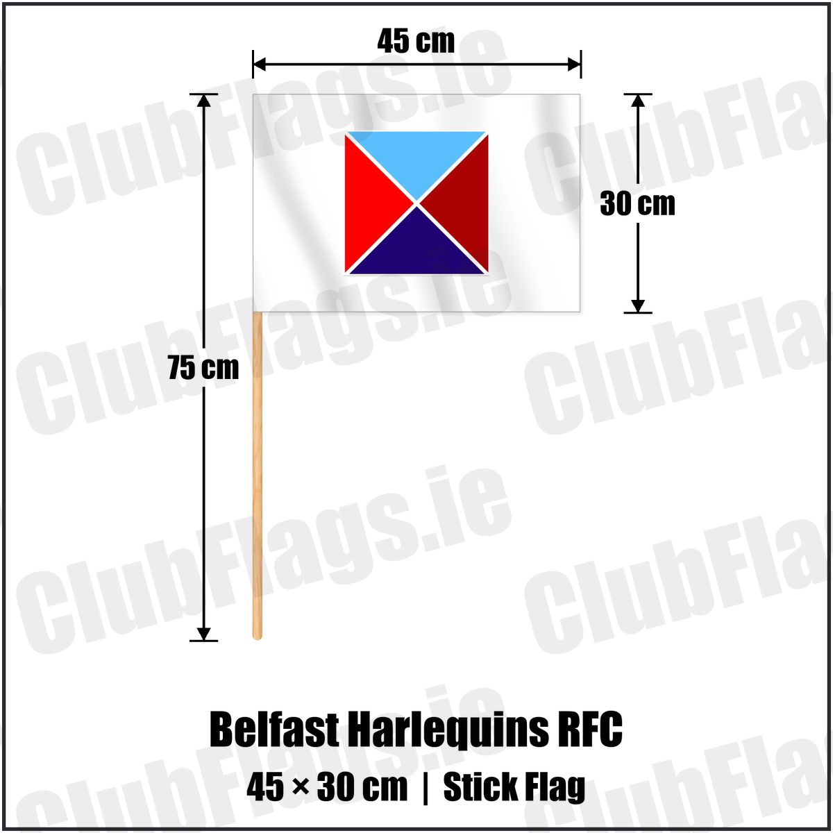 Belfast Harlequins RFC 30cm x 45cm Stick Flag with the club crest and colours, Antrim Rugby - ClubFlags.ie