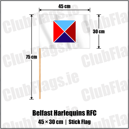 Belfast Harlequins RFC 30cm x 45cm Stick Flag with the club crest and colours, Antrim Rugby - ClubFlags.ie