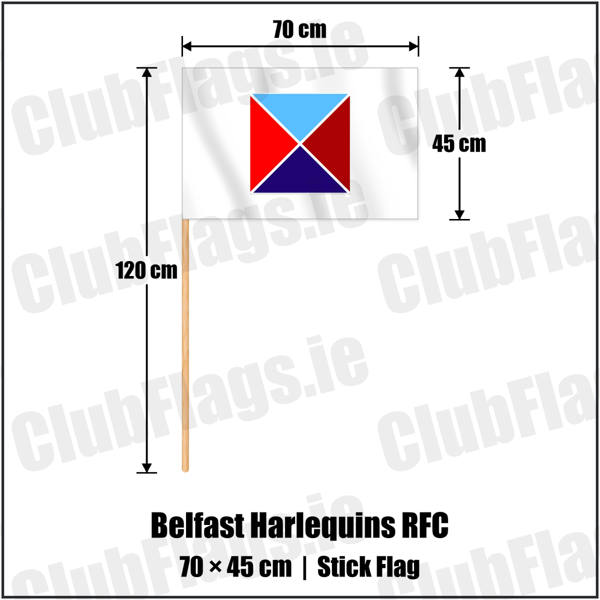 Belfast Harlequins RFC 45cm x 70cm Stick Flag with the club crest and colours, Antrim Rugby - ClubFlags.ie