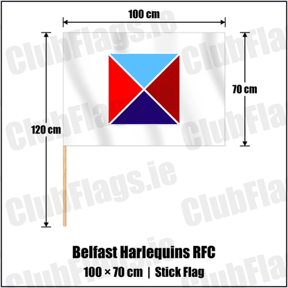 Belfast Harlequins RFC 70cm x 100cm Stick Flag with the club crest and colours, Antrim Rugby - ClubFlags.ie