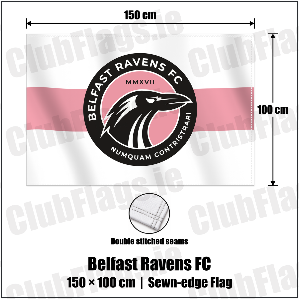 Belfast Ravens FC 100cm x 150cm Flag (sewn on the edges) with the club crest and colours, Down Football - ClubFlags.ie