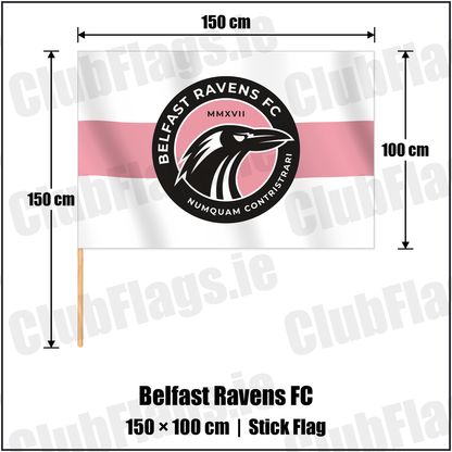 Belfast Ravens FC 100cm x 150cm Stick Flag with the club crest and colours, Down Football - ClubFlags.ie