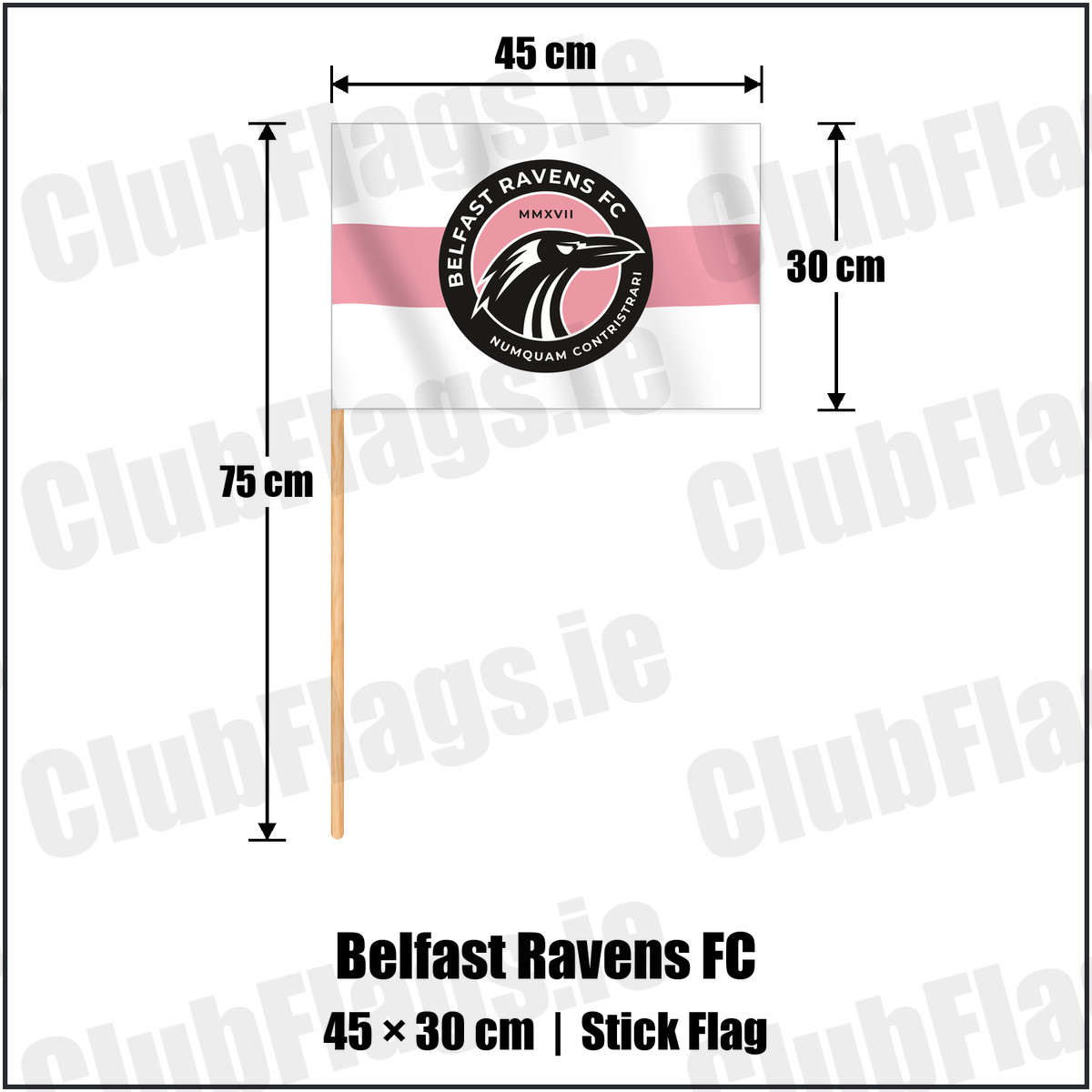 Belfast Ravens FC 30cm x 45cm Stick Flag with the club crest and colours, Down Football - ClubFlags.ie