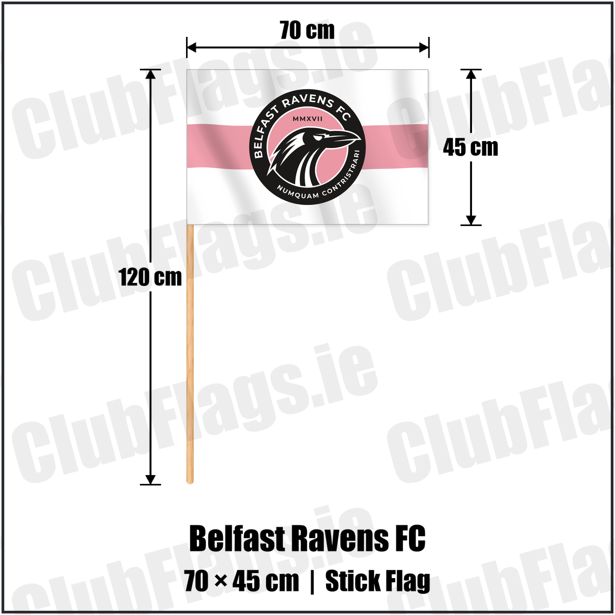 Belfast Ravens FC 45cm x 70cm Stick Flag with the club crest and colours, Down Football - ClubFlags.ie