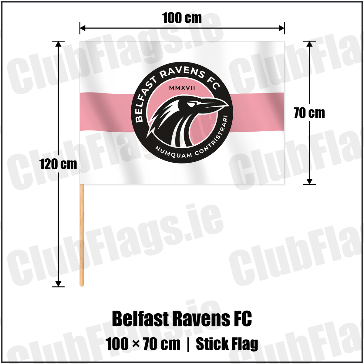 Belfast Ravens FC 70cm x 100cm Stick Flag with the club crest and colours, Down Football - ClubFlags.ie