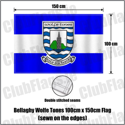 Bellaghy Wolfe Tones 100cm x 150cm Flag (sewn on the edges) in blue and white, featuring the club crest on realistic fabric with gentle vertical folds; County Derry GAA. ClubFlags.ie.
