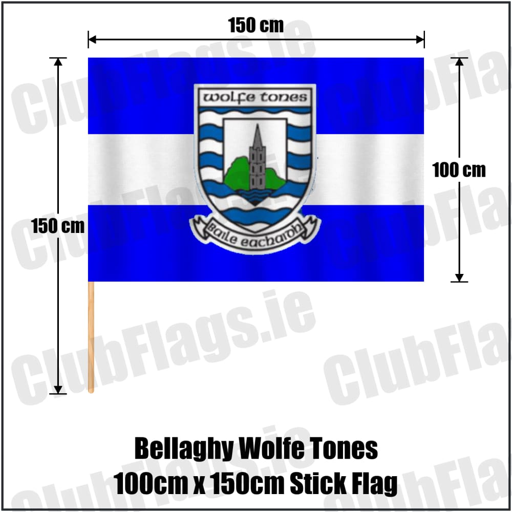 Bellaghy Wolfe Tones 100cm x 150cm Stick Flag in blue and white, featuring the club crest on realistic fabric with gentle vertical folds; County Derry GAA. ClubFlags.ie.