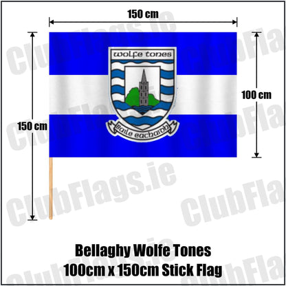 Bellaghy Wolfe Tones 100cm x 150cm Stick Flag in blue and white, featuring the club crest on realistic fabric with gentle vertical folds; County Derry GAA. ClubFlags.ie.