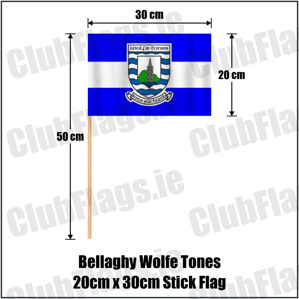 Bellaghy Wolfe Tones 20cm x 30cm Stick Flag in blue and white, featuring the club crest on realistic fabric with gentle vertical folds; County Derry GAA. ClubFlags.ie.