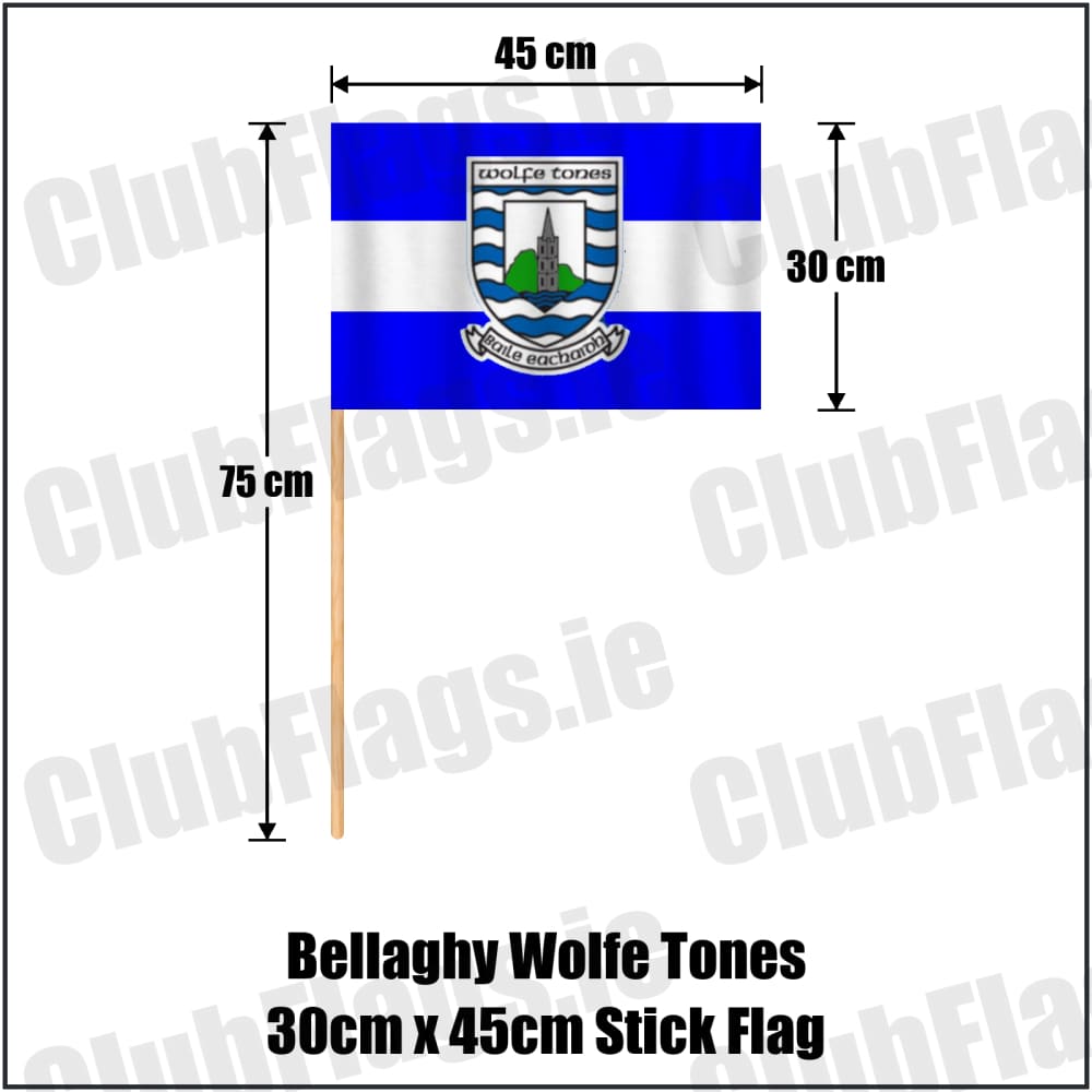 Bellaghy Wolfe Tones 30cm x 45cm Stick Flag in blue and white, featuring the club crest on realistic fabric with gentle vertical folds; County Derry GAA. ClubFlags.ie.