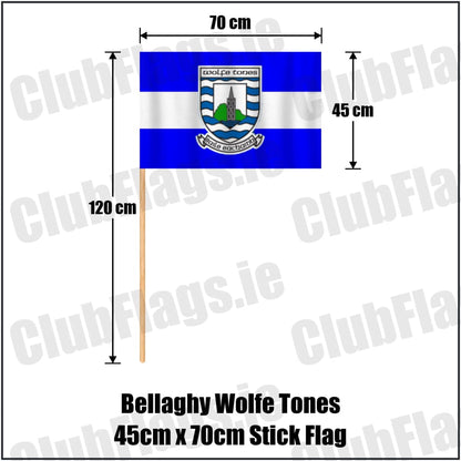 Bellaghy Wolfe Tones 45cm x 70cm Stick Flag in blue and white, featuring the club crest on realistic fabric with gentle vertical folds; County Derry GAA. ClubFlags.ie.