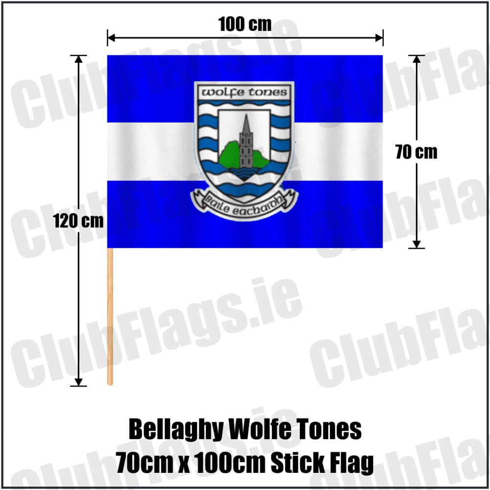 Bellaghy Wolfe Tones 70cm x 100cm Stick Flag in blue and white, featuring the club crest on realistic fabric with gentle vertical folds; County Derry GAA. ClubFlags.ie.