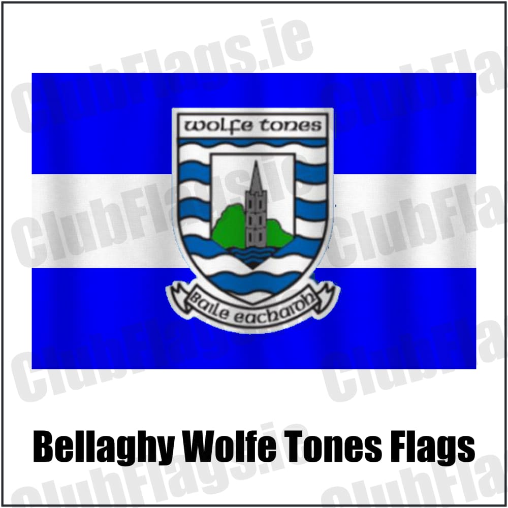 Bellaghy Wolfe Tones Flags in blue and white, featuring the club crest on realistic fabric with gentle vertical folds; County Derry GAA. ClubFlags.ie.