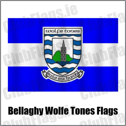 Bellaghy Wolfe Tones Flags in blue and white, featuring the club crest on realistic fabric with gentle vertical folds; County Derry GAA. ClubFlags.ie.