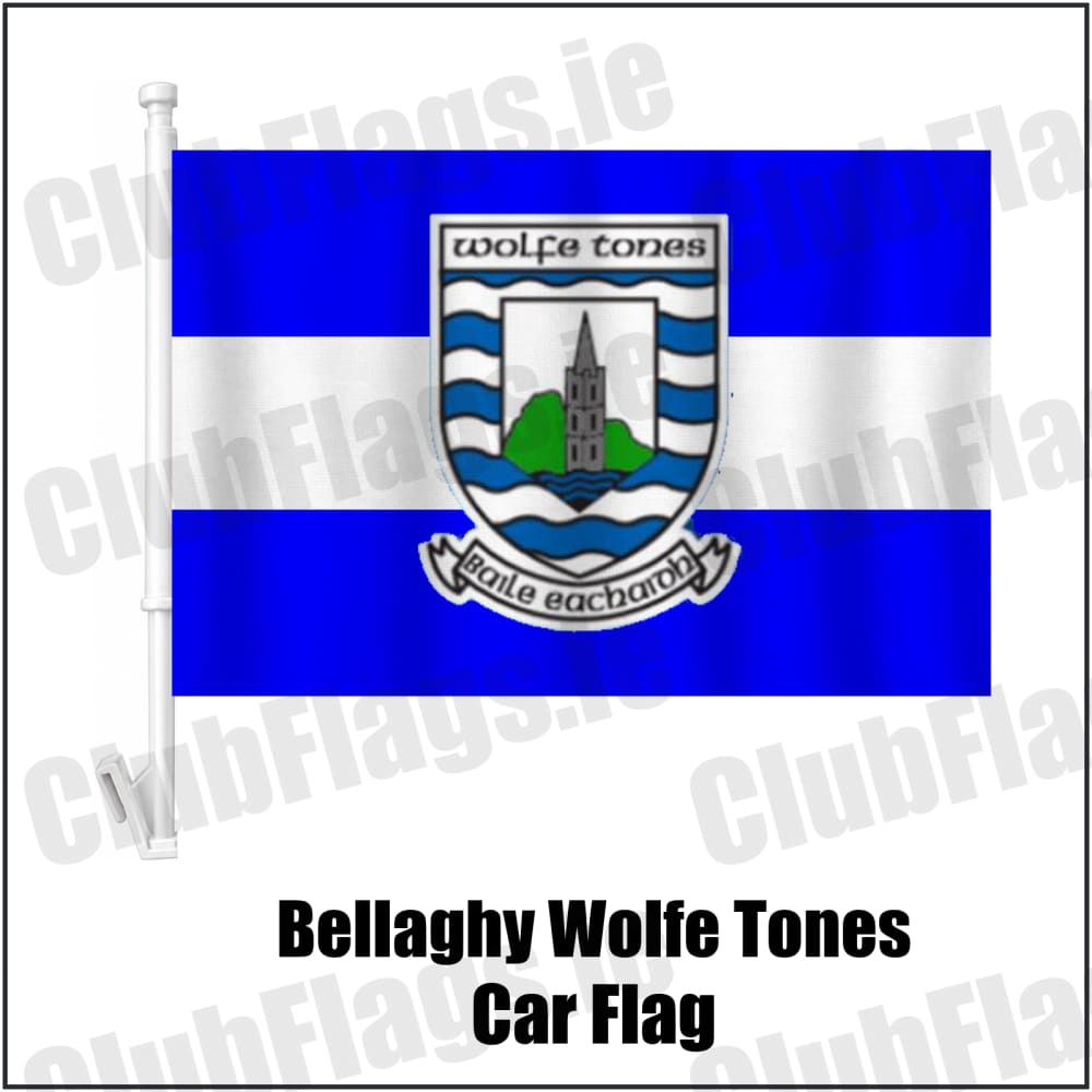 Bellaghy Wolfe Tones Car Flag in blue and white, featuring the club crest on realistic fabric with gentle vertical folds; County Derry GAA. ClubFlags.ie.