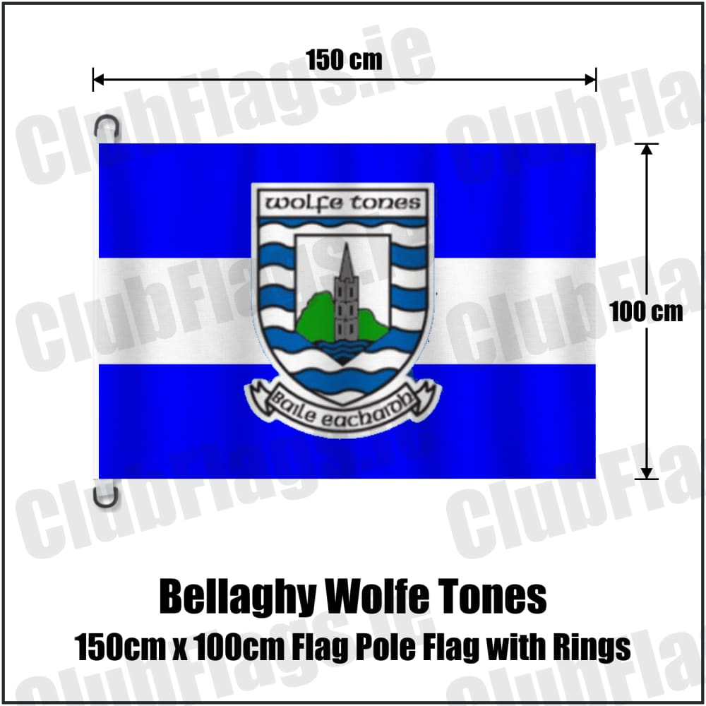 Bellaghy Wolfe Tones 150cm x 100cm Flag Pole Flag with Rings in blue and white, featuring the club crest on realistic fabric with gentle vertical folds; County Derry GAA. ClubFlags.ie.